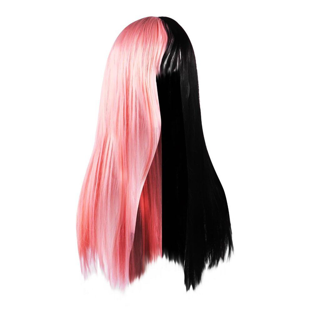 CALLARON 25.6 Inch Half Pink Half Black Synthetic Hair Wig Long Straight Color-Blocking Wig for Women Cosplay Festival Party