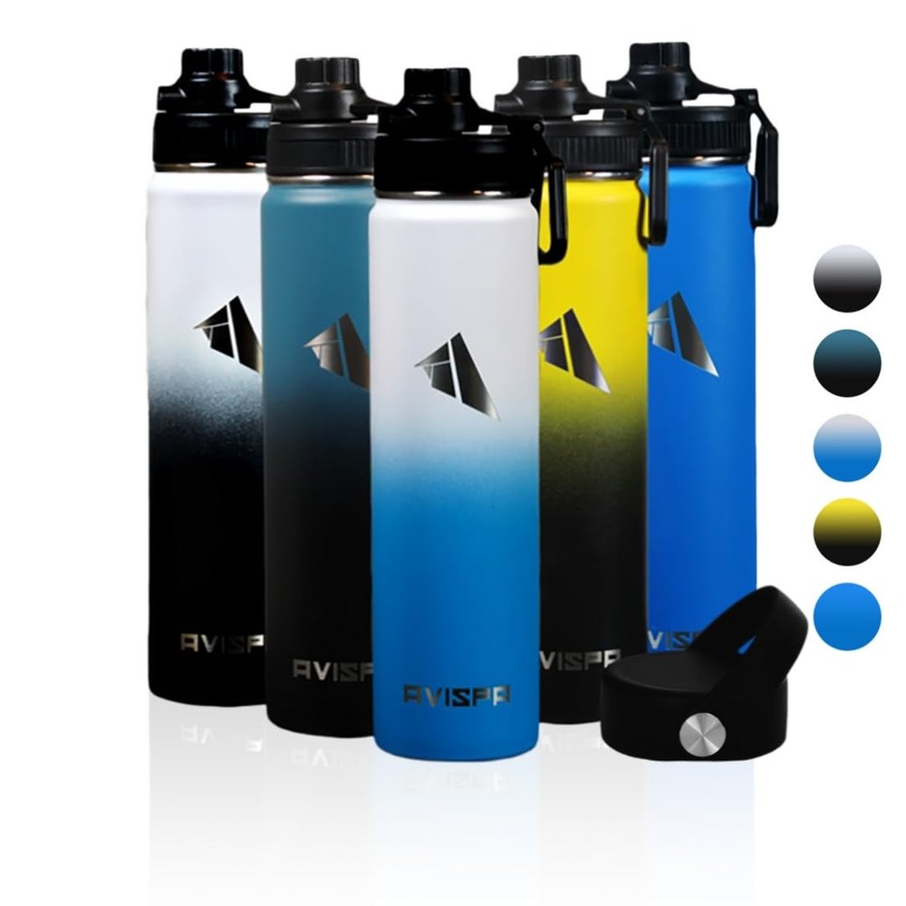 Avispa Double Walled Food Grade Stainless Steel Water Bottles, 24 oz Leak Proof Insulated Water Bottle with Spout Lid (Black & White)