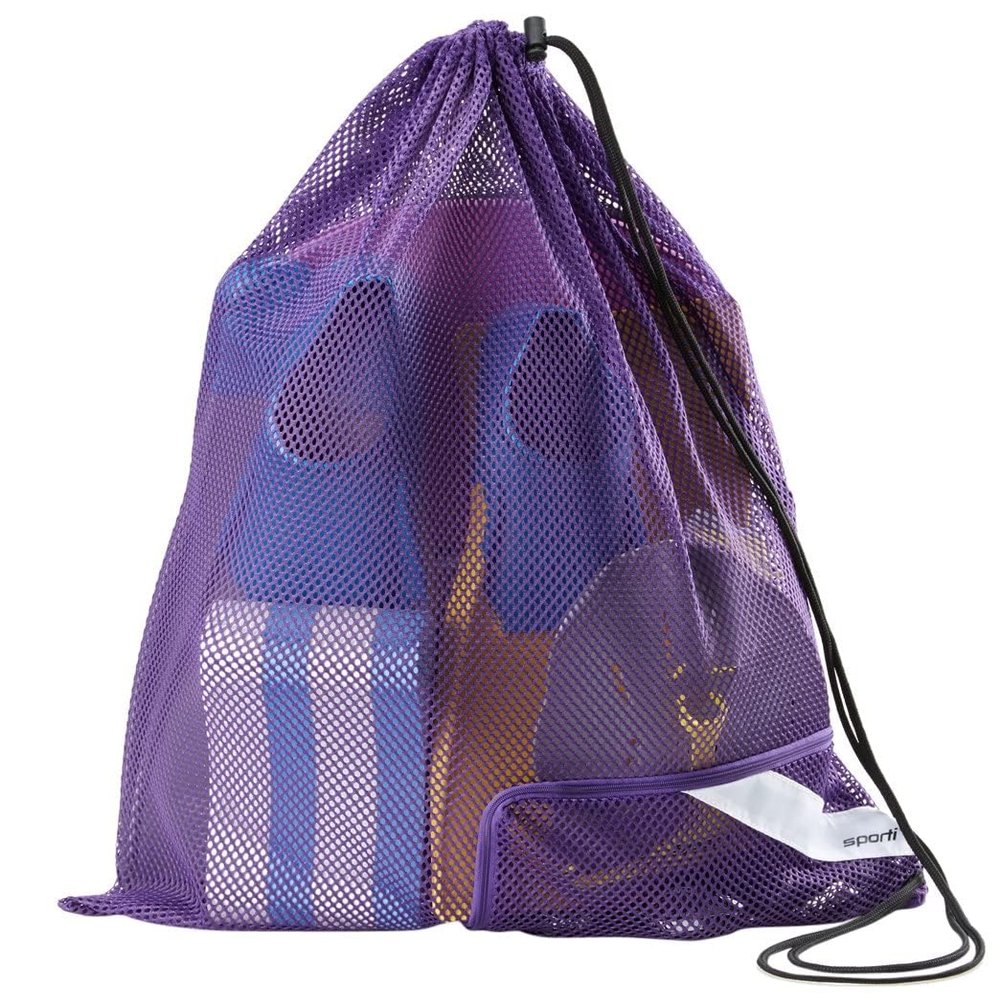 Sporti Swimming Equipment Bags, Mesh Drawstring Backpack, Swim Bag for Swimmers, Mesh Backpack for Beach, Gym and Workout Gear - Mesh Bag with Zipper Pocket - Purple