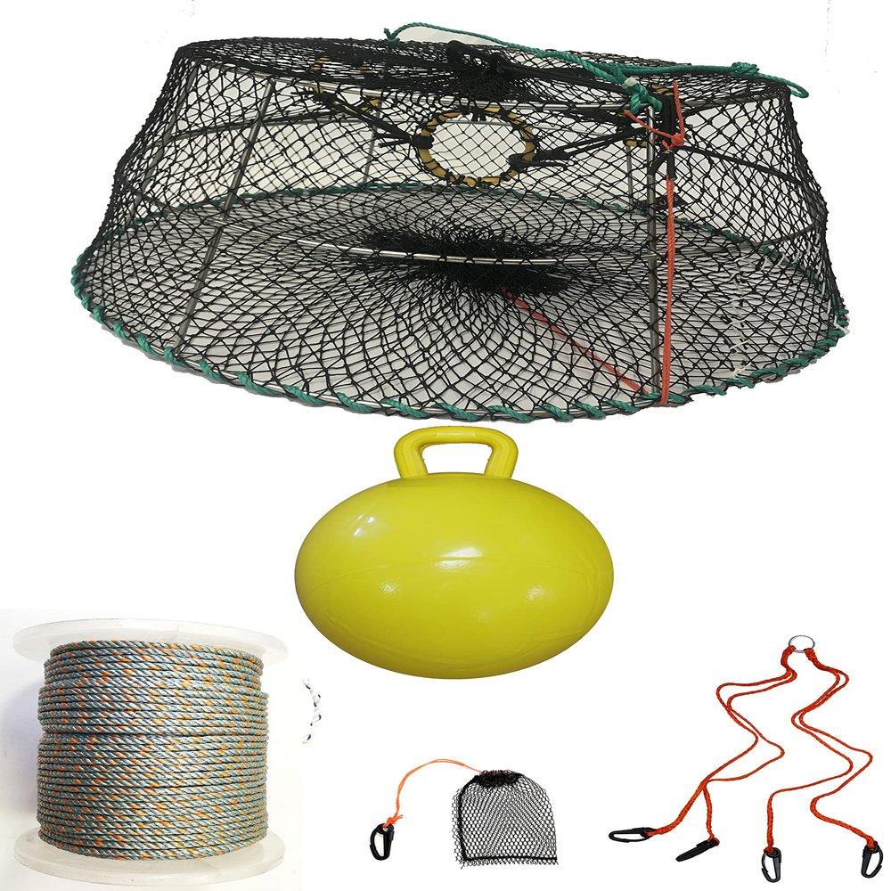 KUFA Sports Tower Style Prawn Trap with 400' Rope, Yellow Float, Bait Bag & Harness Combo (CT77+PBQ38Y+HA2)