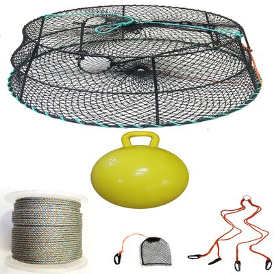 KUFA Sports Tower Style Vinyl Coated Prawn Trap with 5/16x400' Lead Core Sinking Line, Bait Bag, Harness & Yellow Float Combo (CT79+PBL5+HA2)