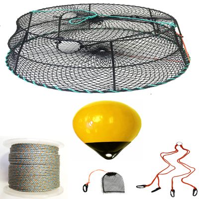 KUFA Sports Tower Style Vinyl Coated Prawn Trap with 5/16x400' Lead Core Sinking Line, Bait Bag, Harness & Yellow Float Combo (CT79+PBL30Y+HA2)