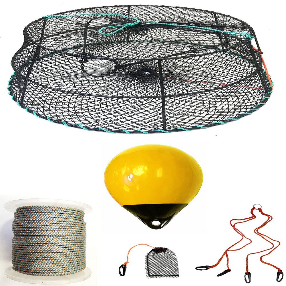 KUFA Sports Tower Style Vinyl Coated Prawn Trap with 5/16x400' Lead Core Sinking Line, Bait Bag, Harness & Yellow Float Combo (CT79+PBL30Y+HA2)