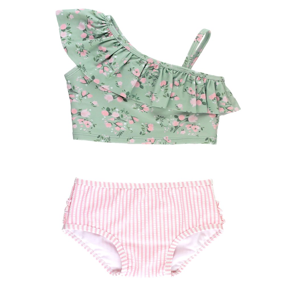 RuffleButts Girls UPF50+ Sun Protection One Shoulder Ruffle Tankini Two Piece Swimsuit - Tea Roses, 12-18m