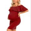 AONESX Off Shoulder Maternity Dresses for Baby Shower Photoshoot, Pregnancy Dress Red XL view 2