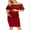 AONESX Off Shoulder Maternity Dresses for Baby Shower Photoshoot, Pregnancy Dress Red XL view 3