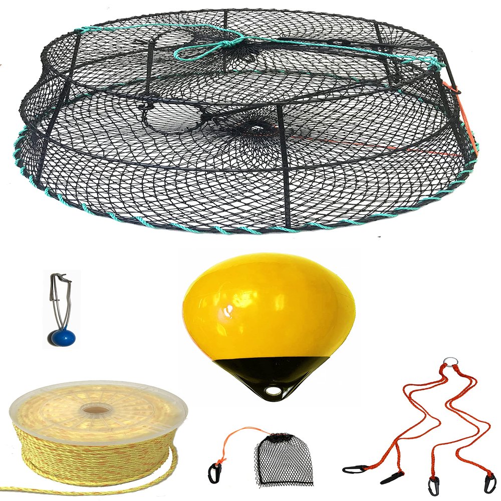 KUFA Sports Tower Style Vinyl Coated Prawn Trap with 5/16" x 400' Poly Rope & Line Weight, Bait Bag, Harness & Yellow Float Combo (CT79+PBP38Y+HA2)