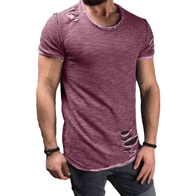 Men's Crew Neck Ripped T-Shirts Casual Muscle Workout Athletic Shirt Solid Color Short Sleeve Destroyed Holes Tee (Purple,Small)