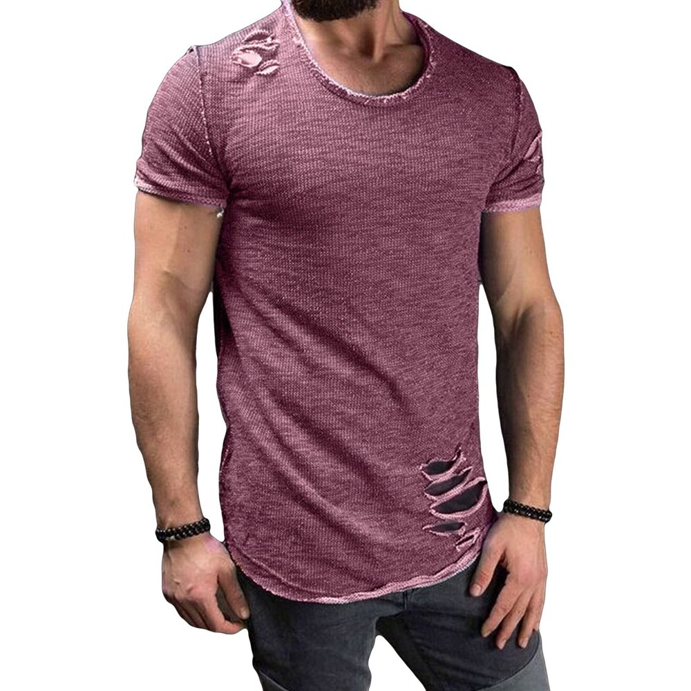 Men's Crew Neck Ripped T-Shirts Casual Muscle Workout Athletic Shirt Solid Color Short Sleeve Destroyed Holes Tee (Purple,Small)