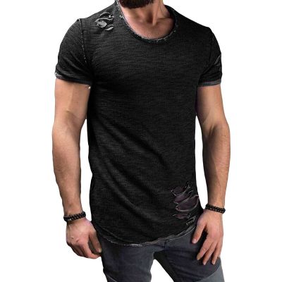 Maiyifu-GJ Men's Crew Neck Ripped T-Shirts Casual Muscle Workout Athletic Shirt Solid Color Short Sleeve Destroyed Holes Tee (Black,XX-Large)