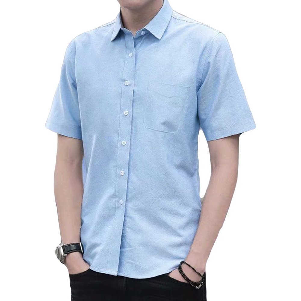 Maiyifu-GJ Men's Solid Short Sleeve Oxford Shirt Lightweight Summer Regular Fit Shirt Casual Slim Button Down Dress Shirts (Light Blue,Medium)