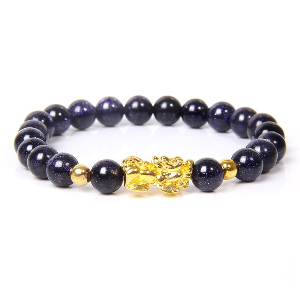 Fengshui Pixiu Bracelet Natural Obsidian Stone Beads Bracelets for Women Men Wealth Good Luck Buddha Unisex Wristband Jewelry,Blue Sandstone (8mm),23cm