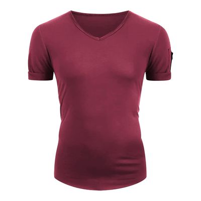 Maiyifu-GJ Men's Muscle Workout V Neck Tee Athletic Bodybuilding Short Sleeve Shirts Stretch Slim Fit T Shirts with Zipper (Dark Red,3X-Large)