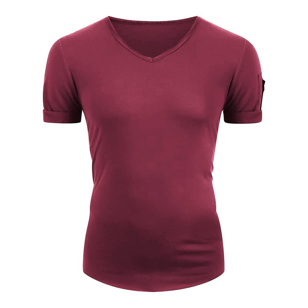 Maiyifu-GJ Men's Muscle Workout V Neck Tee Athletic Bodybuilding Short Sleeve Shirts Stretch Slim Fit T Shirts with Zipper (Dark Red,3X-Large)