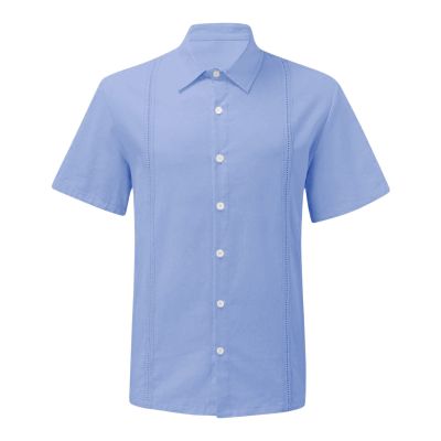 Maiyifu-GJ Men's Short Sleeve Cotton Linen Shirts Lightweight Summer Button Down Shirt Plain Tropical Holiday Beach T Shirt (Light Blue,Medium)