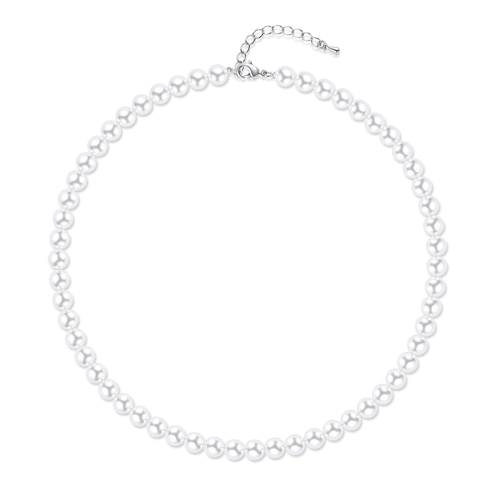 Aleasha 8mm Faux Pearl Necklace for Women Men 18" Round White Pearl Strand Wedding Jewelry Gift (8mm,18", White)
