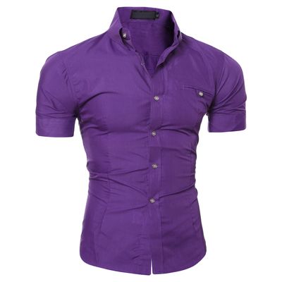 Men's Slim Fit Short Sleeve Dress Shirts Casual Business Button Down Shirt Lightweight Solid Shirts with Pocket (Purple,XX-Large)