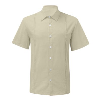 Men's Short Sleeve Cotton Linen Shirts Lightweight Summer Button Down Shirt Plain Tropical Holiday Beach T Shirt (Khaki,XX-Large)