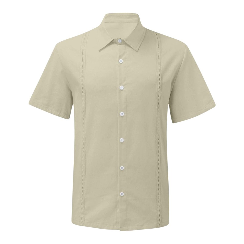 Men's Short Sleeve Cotton Linen Shirts Lightweight Summer Button Down Shirt Plain Tropical Holiday Beach T Shirt (Khaki,XX-Large)