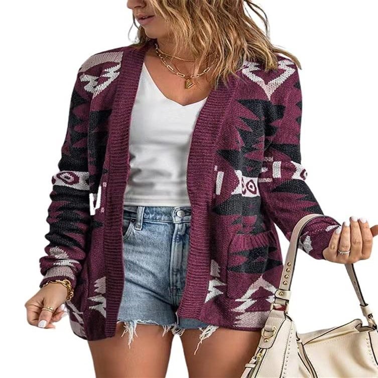chouyatou Women's Tribal Aztec Print Sweater Open Front Knitted Jacquard Cardigan Sweater (Large, Purple)