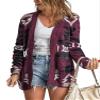 chouyatou Women's Tribal Aztec Print Sweater Open Front Knitted Jacquard Cardigan Sweater (Large, Purple) view 1