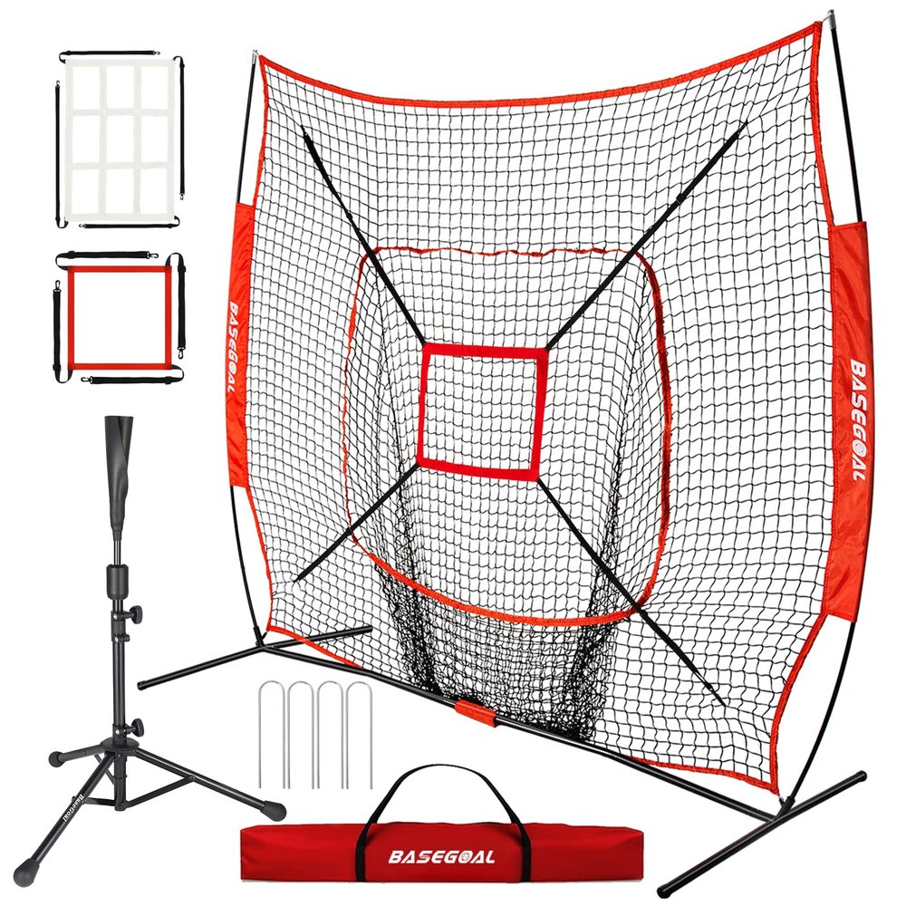 BaseGoal 7'7' Baseball Softball Practice Net,Baseball Backstop,with Batting Tee,for Hitting Pitching Batting Catching with Bow Frame,Bonus Strike Zone (Red-B)