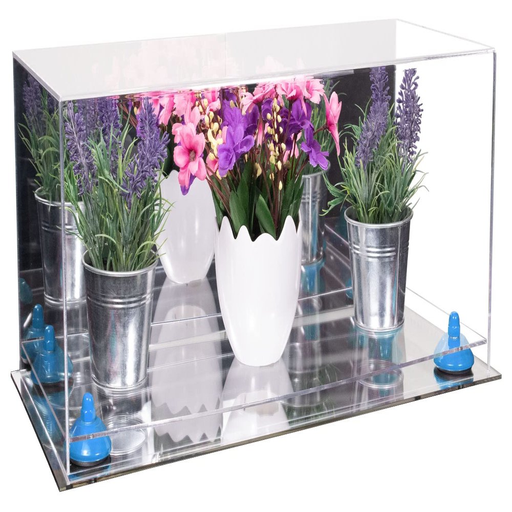 Better Display Cases Clear Acrylic Versatile Trucks, Trains and Rockets Display Case - Large Rectangle Box with Mirror Case, Light Blue Risers and Mirror Base 19.25" x 8.25" x 8" (A103/V47)
