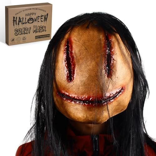 Homgaty Creepy Halloween Mask with Hair, Horror Devil Mask Natural Latex Stitching Female Men Ghost Mask for Theme Party, Cosplay, Horror Challenge