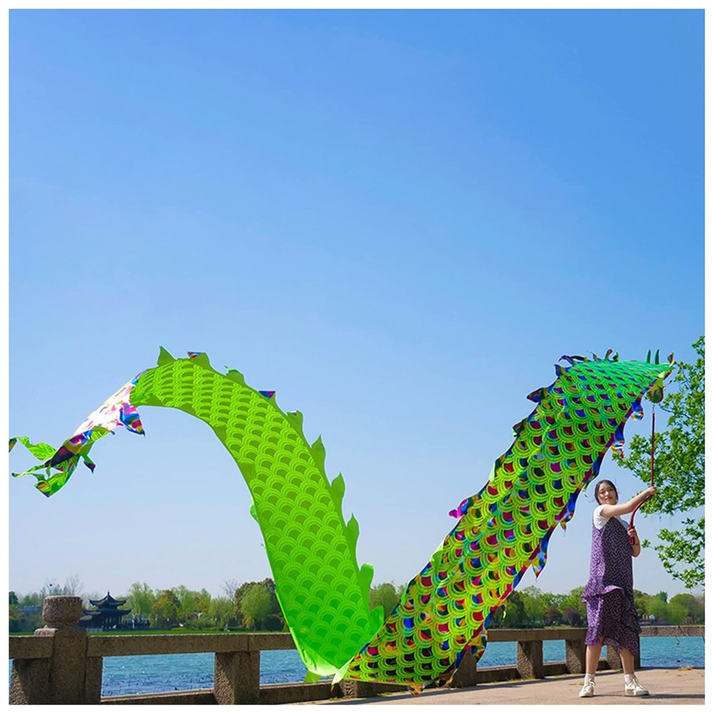 LXLZYXSF Chinese Dragon-Dancing Gymnastics Ribbons Throw Streamer with Rope, Flowy Spinning & Shaking Poi, Recreation and Fitness in One (Color : Green, Size : 10m/33ft)