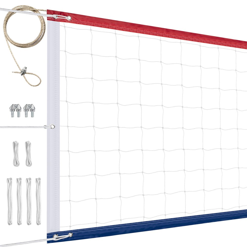 XXXYYY Professional Volleyball Net Outdoor Heavy Duty, Upgraded Weather Resistance, Lengthened Stainless Steel Cable, Thicker Sides Tapes, for Indoor Outdoor Sports- 32x3FT, Red White Blue (Net Only)
