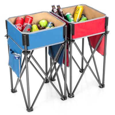 Goplus 2 PCS Folding Camping Tables, Portable Picnic Tables with Large Capacity Storage Sink, Side Pockets, Anti-Skid Feet, Lightweight Tables for Hiking, Fishing, BBQ, Beach (Blue+Red)