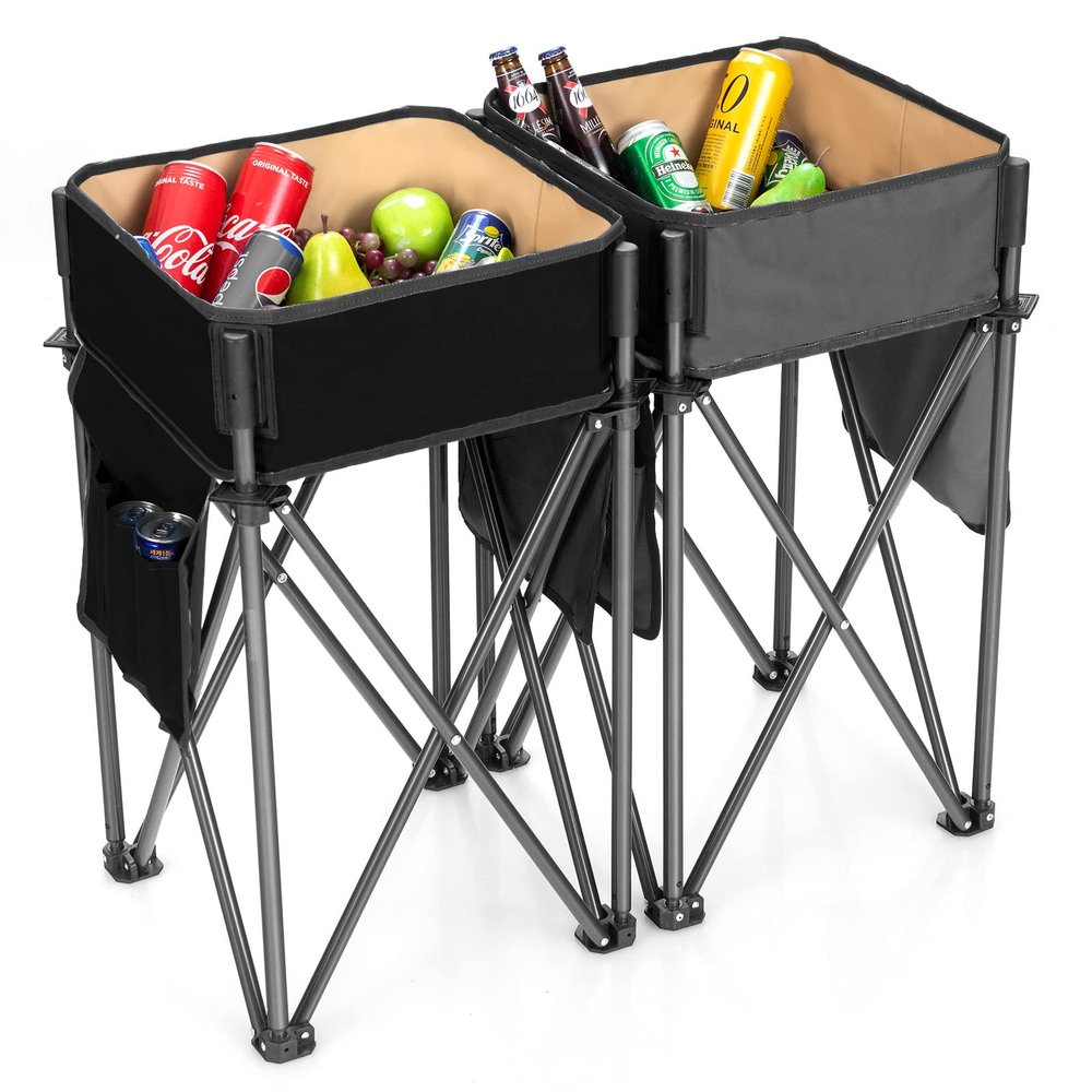 Goplus 2 PCS Folding Camping Tables, Portable Picnic Tables with Large Capacity Storage Sink, Side Pockets, Anti-Skid Feet, Lightweight Tables for Hiking, Fishing, BBQ, Beach (Black+Grey)