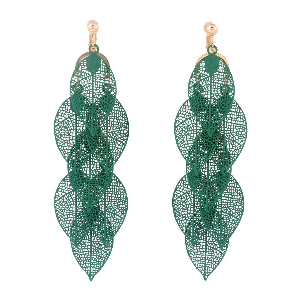 Grace Jun Handmade Multi-layer Dangle Drop Earrings and Clip on Earrings No Pierced for Women (Gold Green Clip-ons 7 Leaf)