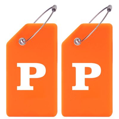 Gostwo 2 Pack Silicone Luggage Tags for Suitcases, 26 Initial Letter Baggage Labels Handbag School Bag Suitcase Instrument Tag with Stainless Steel Loop(Orange)(Letter P)