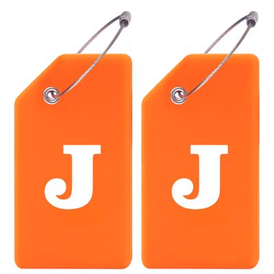 Gostwo 2 Pack Silicone Luggage Tags for Suitcases, 26 Initial Letter Baggage Labels Handbag School Bag Suitcase Instrument Tag with Stainless Steel Loop(Orange)(Letter J)