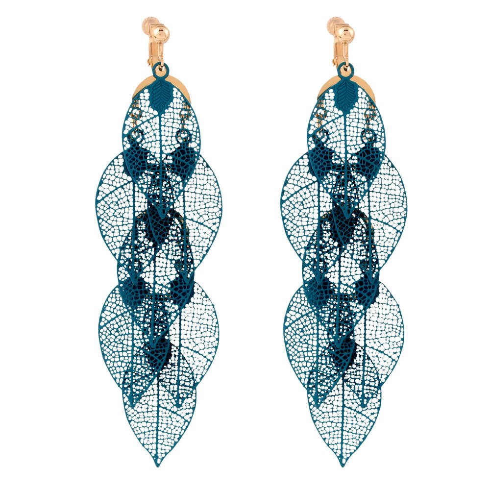 Grace Jun Handmade Multi-layer Dangle Drop Earrings and Clip on Earrings No Pierced for Women (Gold Blue Clip-ons 7 Leaf)