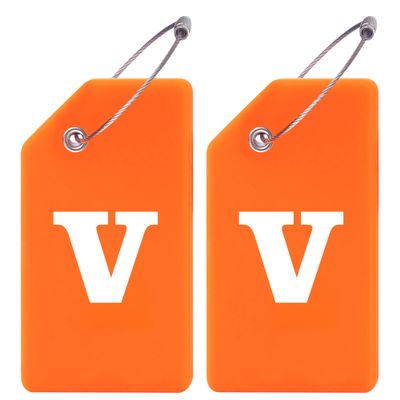 Gostwo 2 Pack Silicone Luggage Tags for Suitcases, 26 Initial Letter Baggage Labels Handbag School Bag Suitcase Instrument Tag with Stainless Steel Loop(Orange)(Letter V)