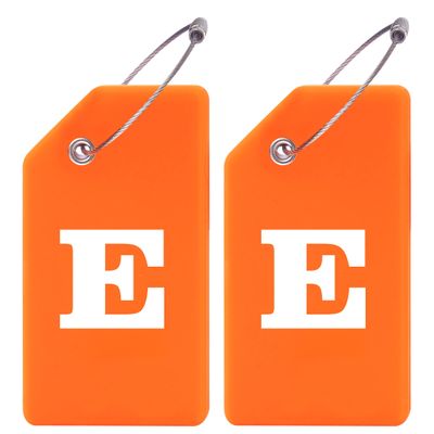 Gostwo 2 Pack Silicone Luggage Tags for Suitcases, 26 Initial Letter Baggage Labels Handbag School Bag Suitcase Instrument Tag with Stainless Steel Loop(Orange)(Letter E)