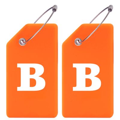 Gostwo 2 Pack Silicone Luggage Tags for Suitcases, 26 Initial Letter Baggage Labels Handbag School Bag Suitcase Instrument Tag with Stainless Steel Loop(Orange)(Letter B)