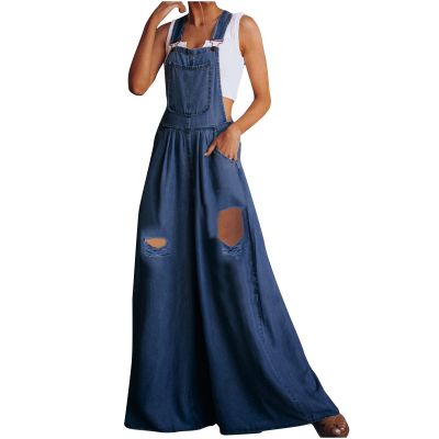 XUNRYAN Womens Distressed Ripped Denim Jumpsuit Dressy Casual Bib Overalls Sleeveless Workout Baggy Jeans Rompers for Women