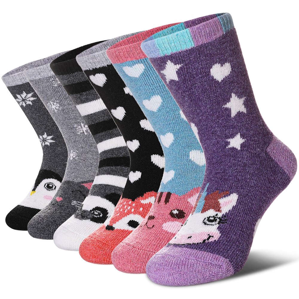 DOSKONI Kids Merino Wool Hiking Socks for Boys Girls Toddlers Thermal Winter Warm Thick Crew Boot Snowboarding Gift Socks 6 Pairs Animal,8-12 Year Old