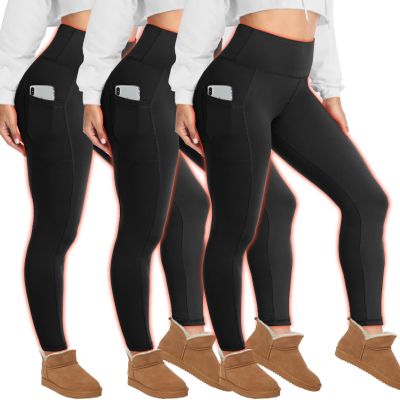 HIGHDAYS 3 Pack Fleece Lined Leggings for Women with Pockets - Tummy Control Thermal Warm Yoga Pants Plus Size S/M-4XL, Black/Black/Black, Plus Size