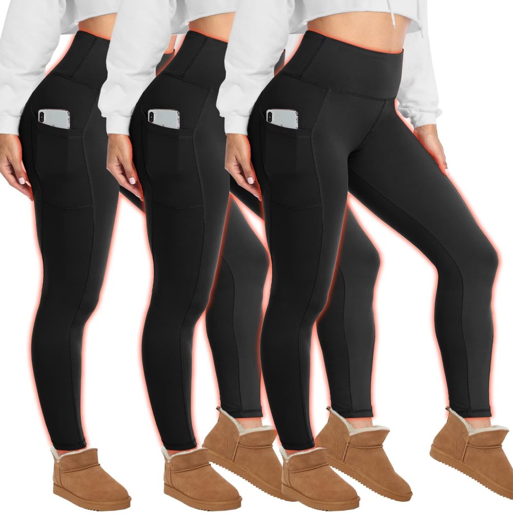 HIGHDAYS 3 Pack Fleece Lined Leggings for Women with Pockets - Tummy Control Thermal Warm Yoga Pants Plus Size S/M-4XL, Black/Black/Black, Plus Size