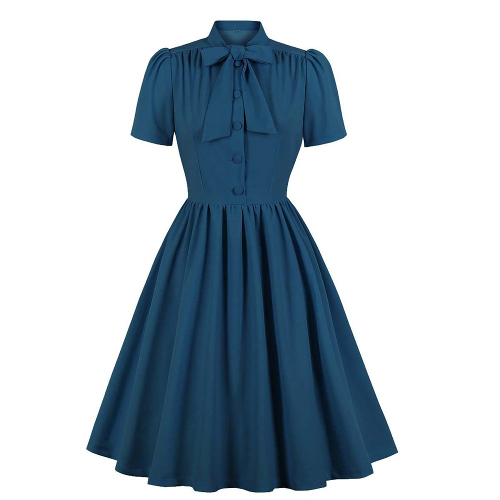tuduoms 50s Dresses Women Vintage Tea Party Dress Tie Neck Audrey Retro Rockabilly Prom Dress Puff Sleeve Swing Church Dress Blue