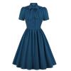 tuduoms 50s Dresses Women Vintage Tea Party Dress Tie Neck Audrey Retro Rockabilly Prom Dress Puff Sleeve Swing Church Dress Blue view 1