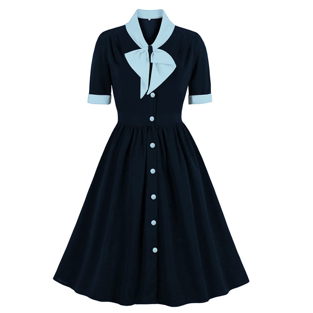 tuduoms Women 50s Prom Dress Vintage Tea Party Dress Bowknot Audrey Retro Rockabilly Dress Puff Sleeve Button Up Church Dress Navy