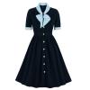tuduoms Women 50s Prom Dress Vintage Tea Party Dress Bowknot Audrey Retro Rockabilly Dress Puff Sleeve Button Up Church Dress Navy view 1