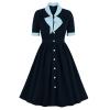 tuduoms Women 50s Prom Dress Vintage Tea Party Dress Bowknot Audrey Retro Rockabilly Dress Puff Sleeve Button Up Church Dress Navy view 2
