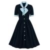 tuduoms Women 50s Prom Dress Vintage Tea Party Dress Bowknot Audrey Retro Rockabilly Dress Puff Sleeve Button Up Church Dress Navy view 3
