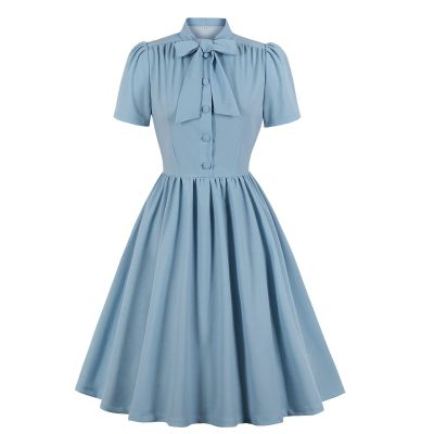 tuduoms 50s Dresses Women Vintage Tea Party Dress Tie Neck Audrey Retro Rockabilly Prom Dress Puff Sleeve Swing Church Dress Light Blue